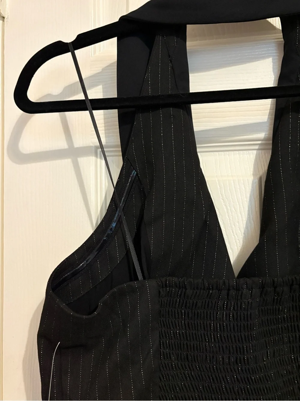 Anthropologie halter tuxedo strip midi wrap backless dress medium nwt